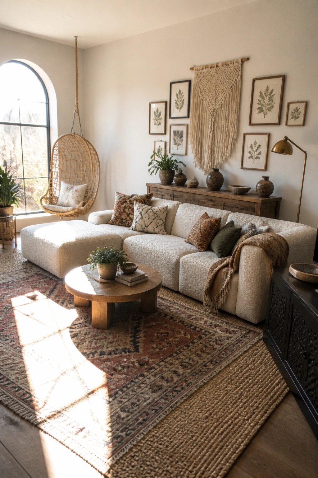 Bright living room with white sectional sofa, hanging wicker chair, and macrame wall art