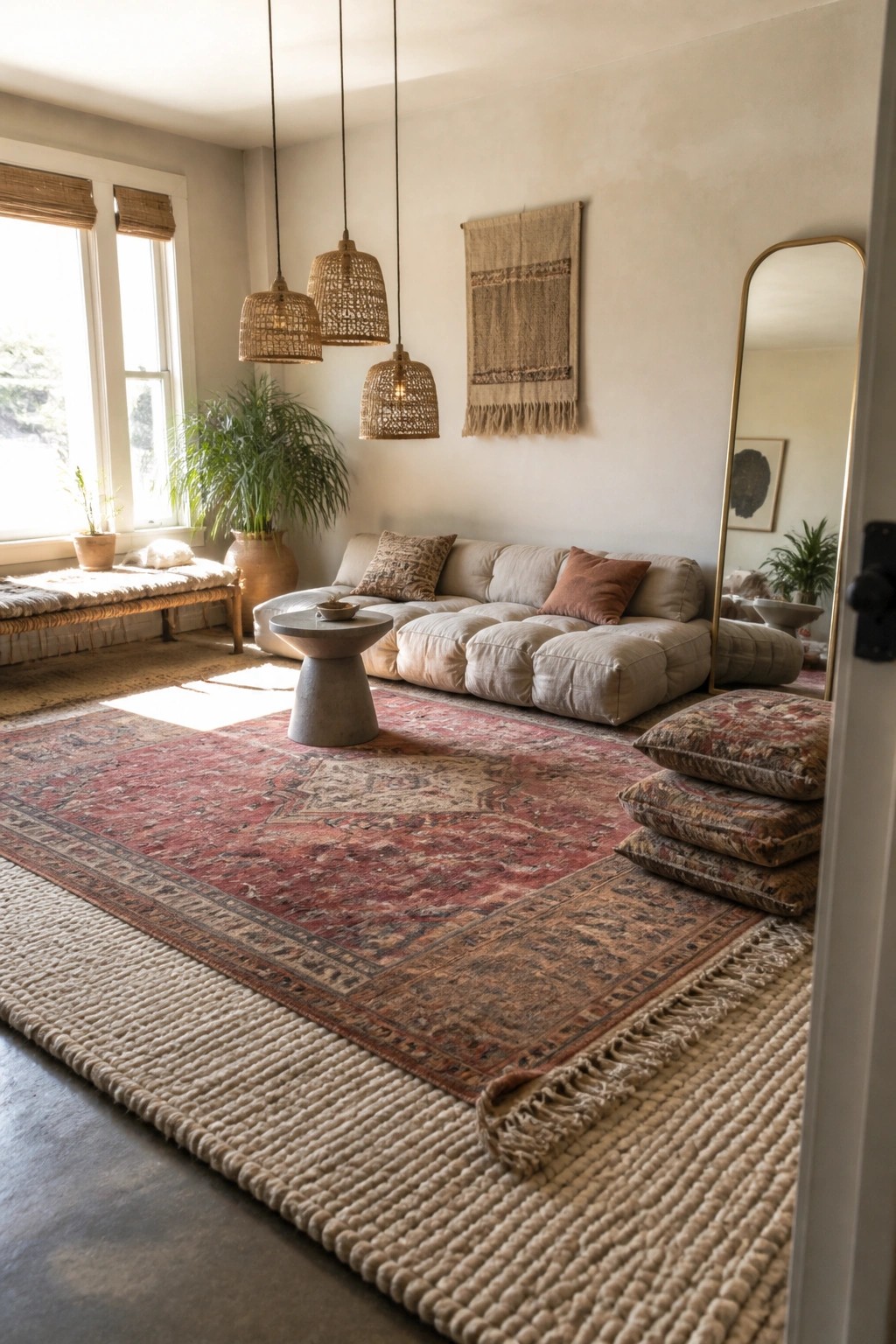 A living room interior showing a red patterned rug layered over a large neutral woven rug, with a modular sofa and hanging pendant lights.
