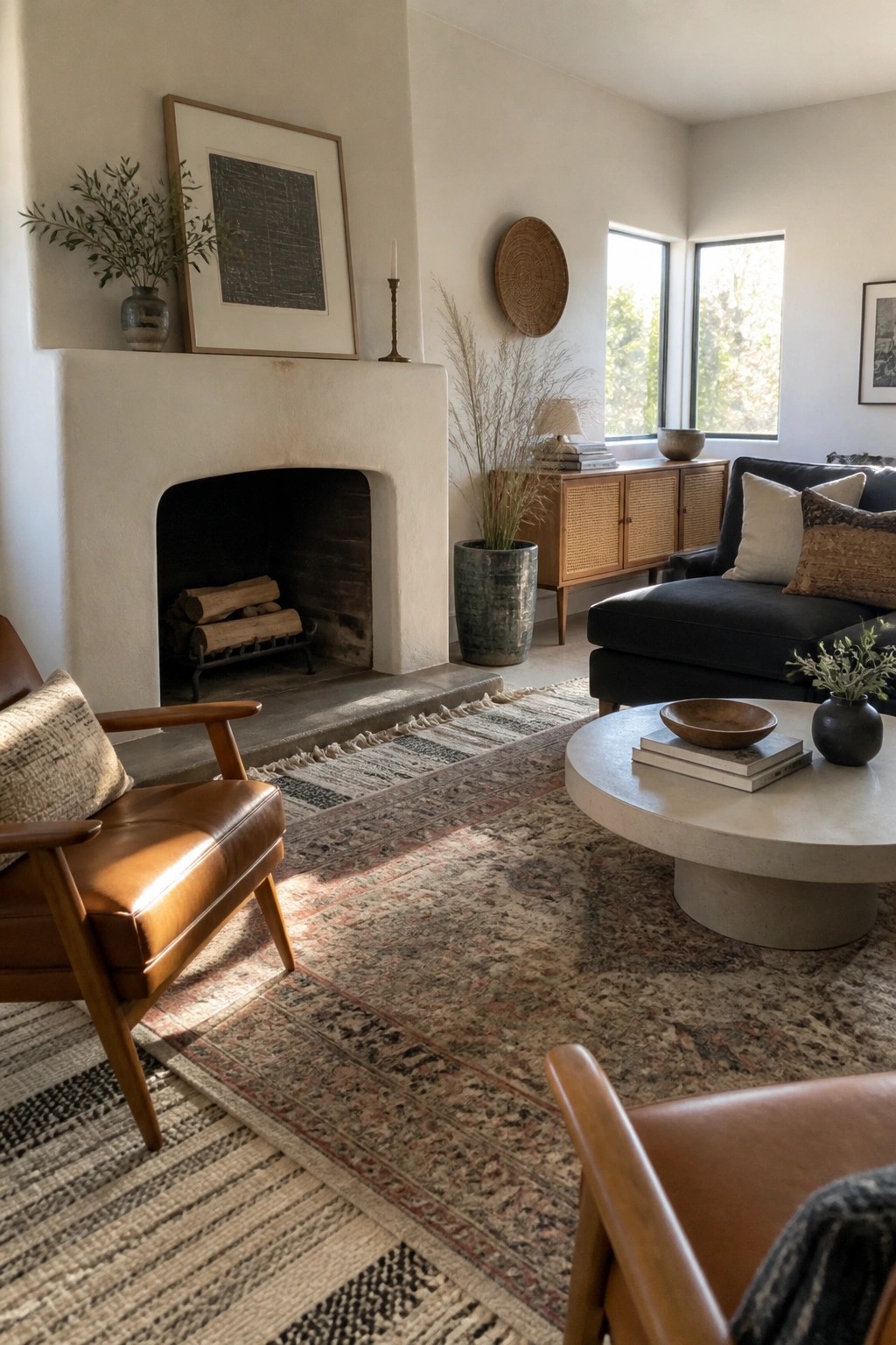 A living room featuring a white plaster fireplace, brown leather armchairs, a black sofa, and multiple overlapping patterned rugs covering the floor.