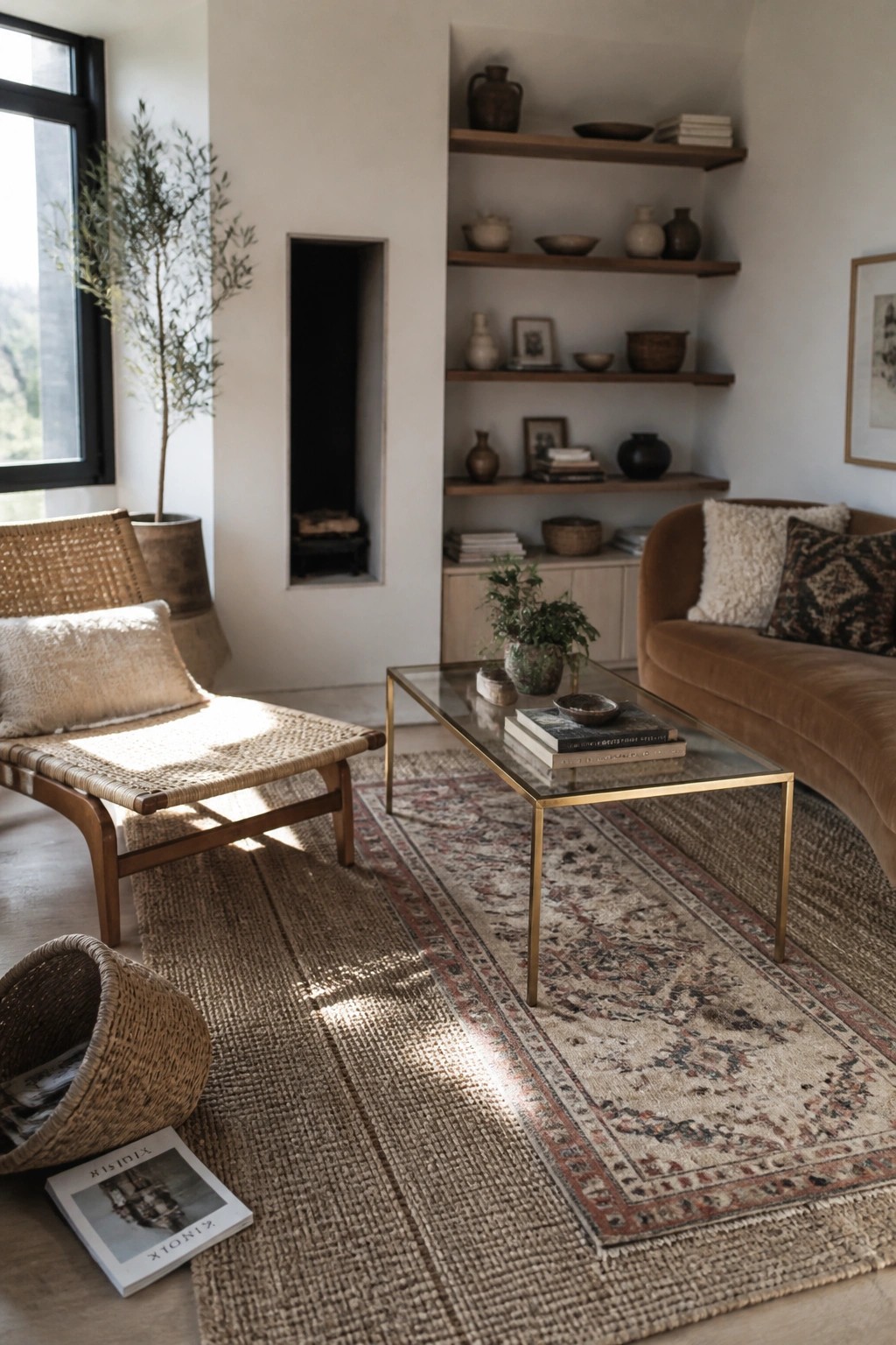Sunlit living room with woven chair, glass coffee table, brown sofa, and built-in shelves