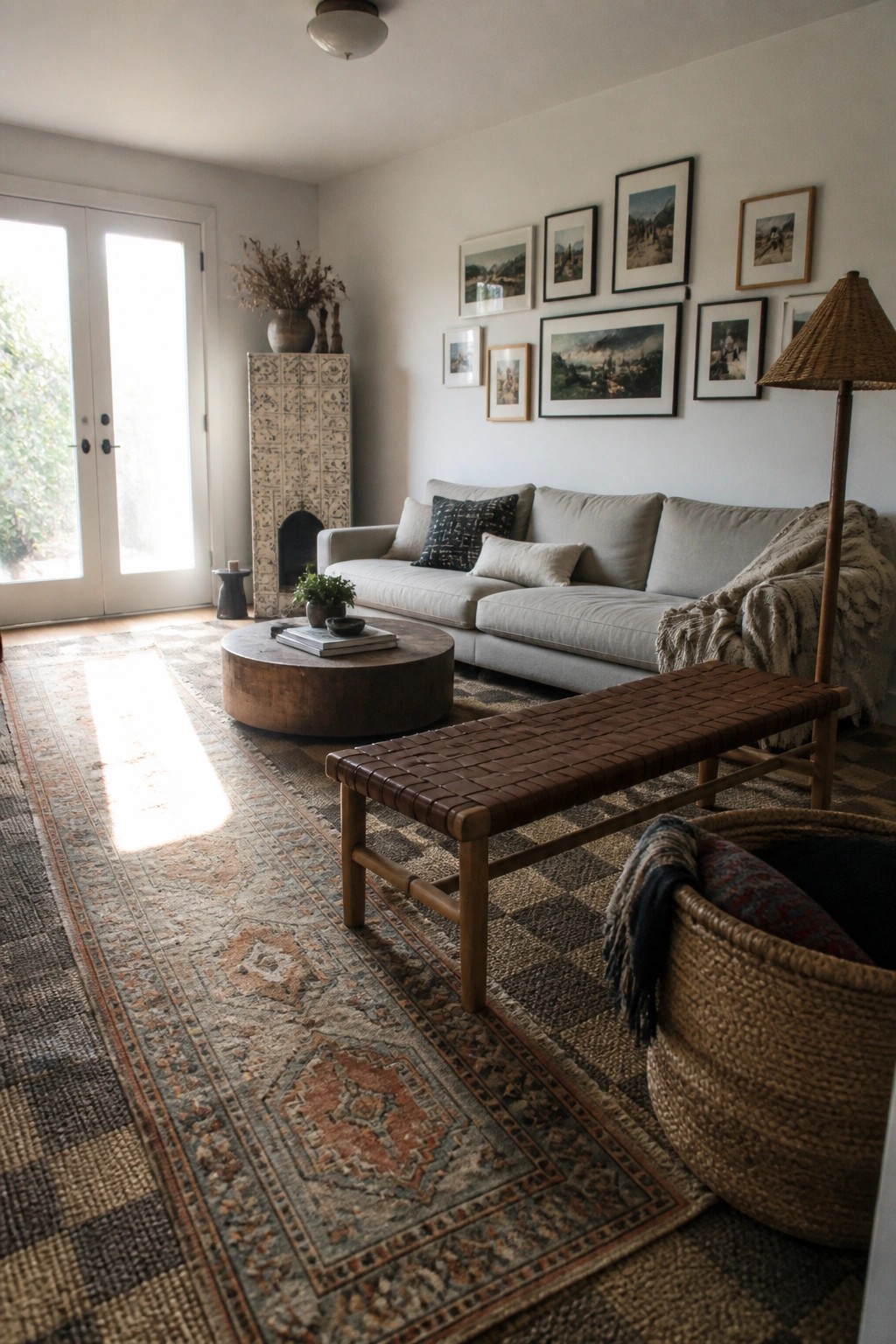 Living room interior with a light gray sofa, round wooden coffee table, woven leather bench, and two layered rugs over a checkered floor, with framed artwork on the wall.