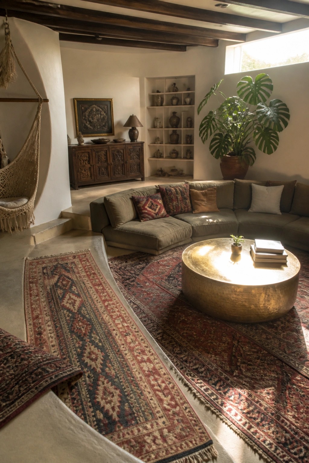 A spacious living room with a curved gray sectional sofa, round brass coffee table, multiple overlapping patterned rugs, built-in shelves, and a large potted monstera plant.