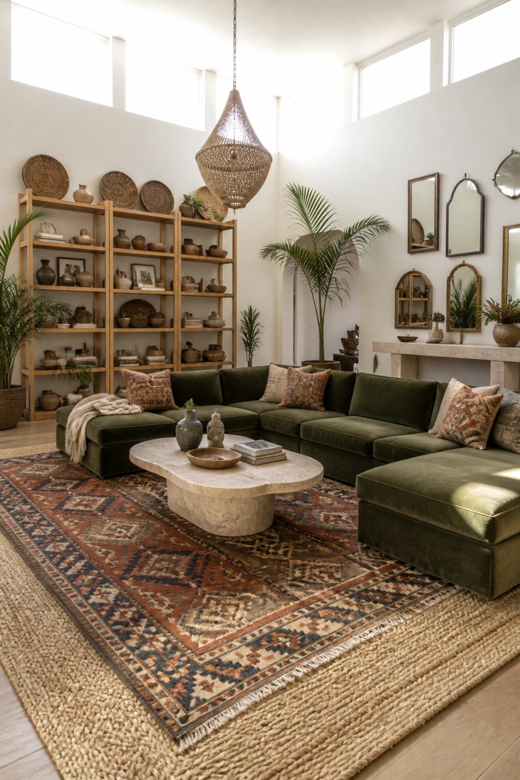 Green sectional sofa on patterned rug with marble coffee table and woven light
