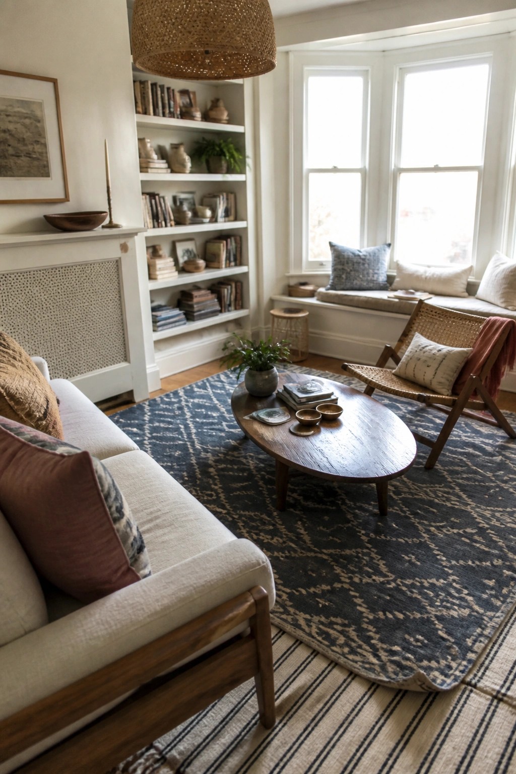 Cozy living room with white sofa, oval wooden table, woven chair, and blue rug.