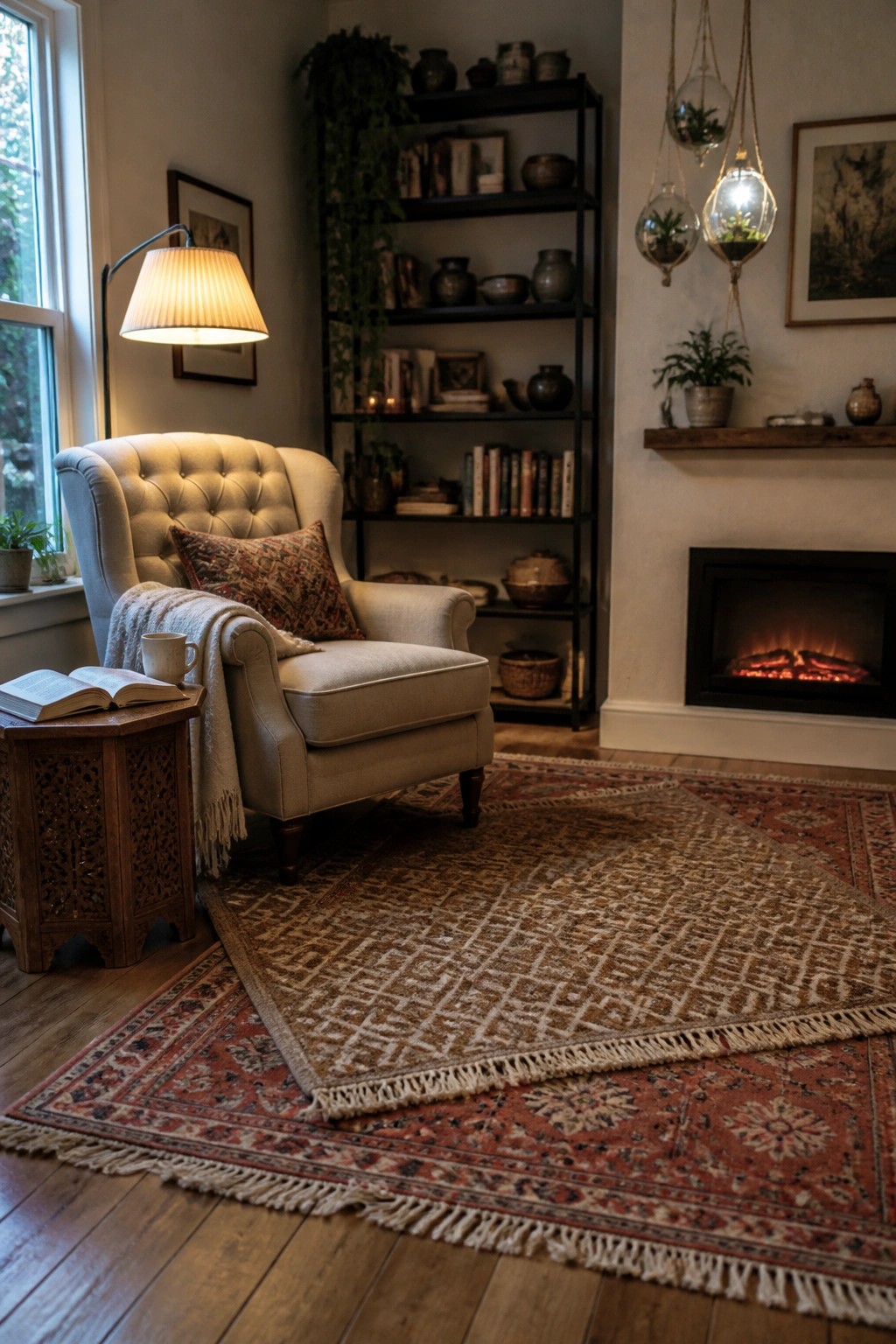Cozy beige armchair with pillow and blanket beside fireplace, layered rugs, and bookshelf.
