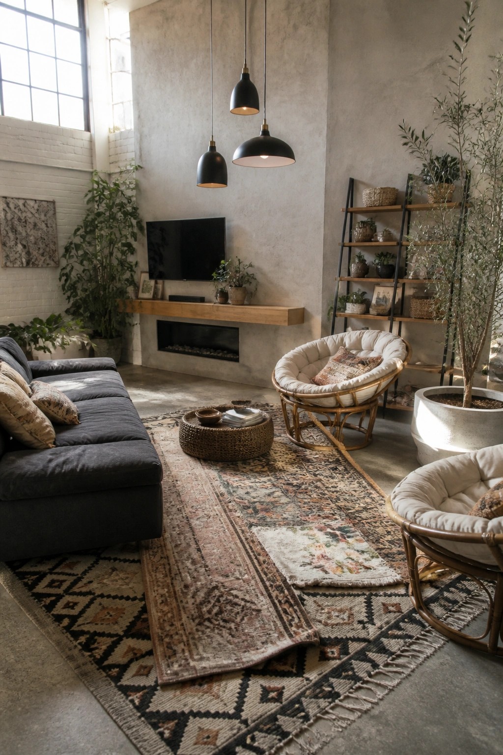 A living room with a dark sectional sofa, two rattan papasan chairs, a round woven coffee table, and several overlapping patterned rugs on a concrete floor, with black pendant lights and potted plants visible.