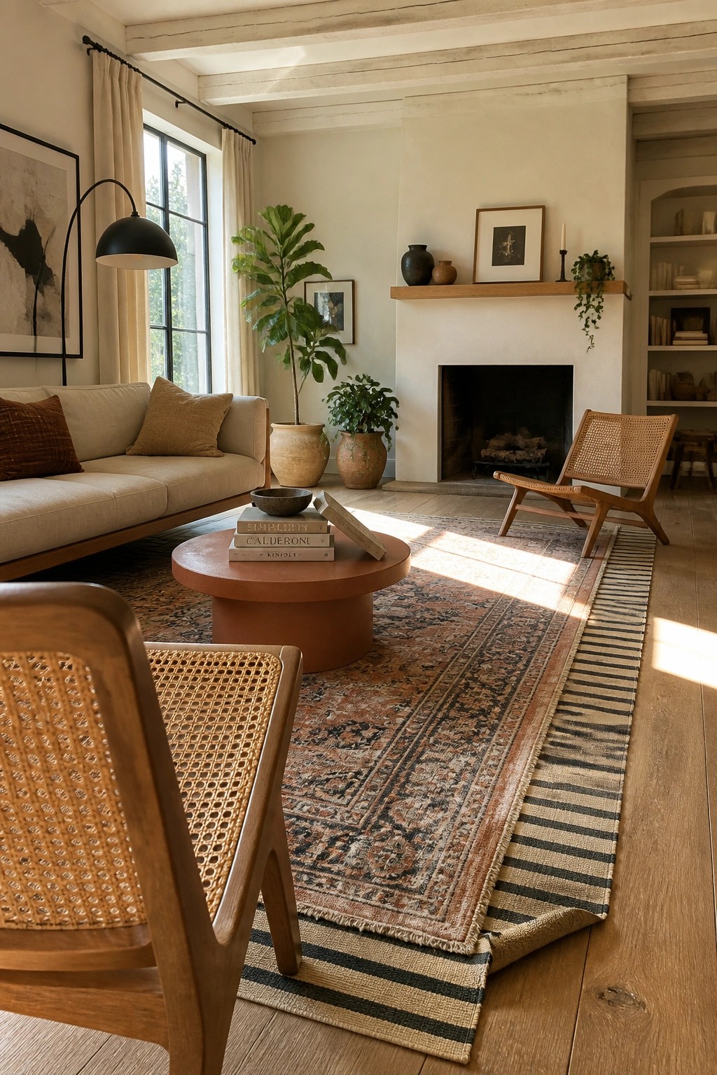 Living room interior showing a large patterned rug layered with a striped rug, along with a sofa, round coffee table, fireplace, and woven chairs.