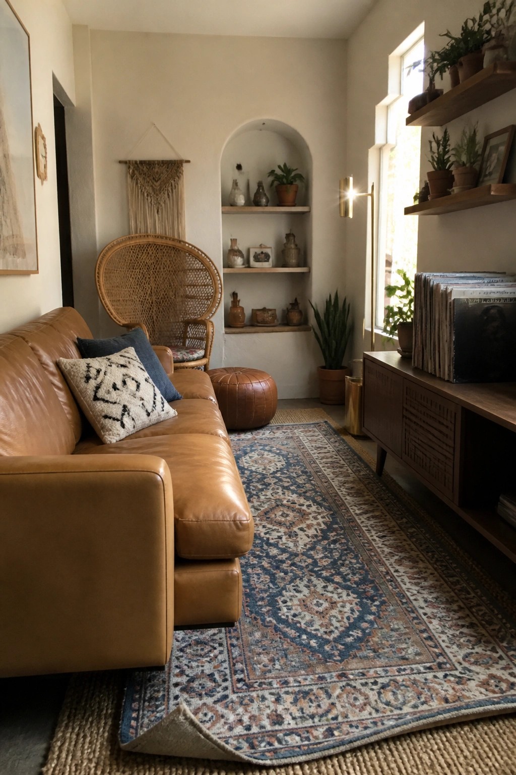 A living room featuring a brown leather sofa, a large patterned rug layered over a natural fiber rug, and boho-style decor including a woven chair and wall hanging.
