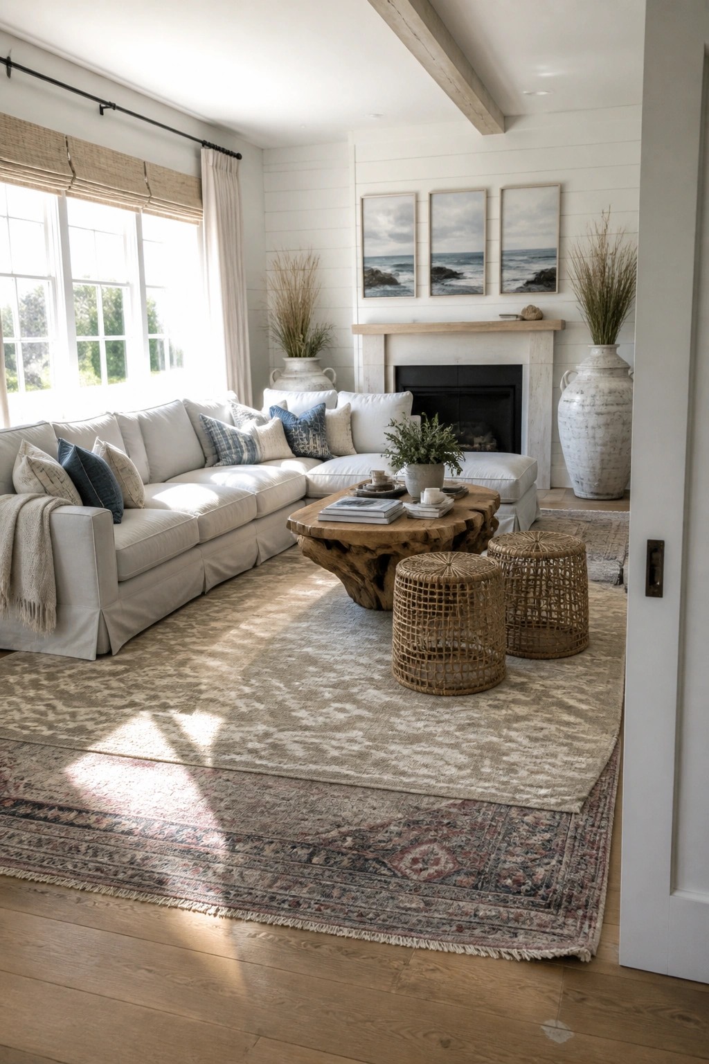 A living room with a large light-colored patterned rug layered over a darker traditional rug on hardwood floors, featuring a white sectional sofa, wooden coffee table, and fireplace.