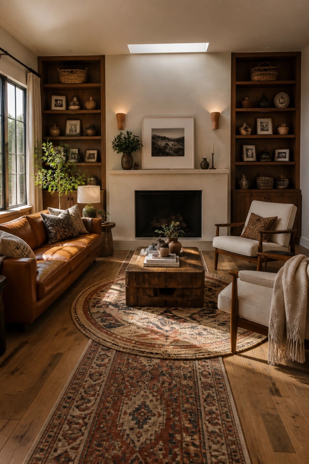 A living room with a large round patterned rug centered on wood flooring, a brown leather sofa on the left, two white armchairs on the right, a wooden coffee table, built-in wooden bookshelves on both sides of a white fireplace, and a skylight above.