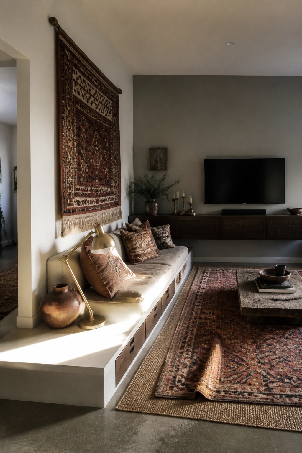 Living room with built-in sofa, hanging tapestry, brass lamp, TV console, and layered rugs