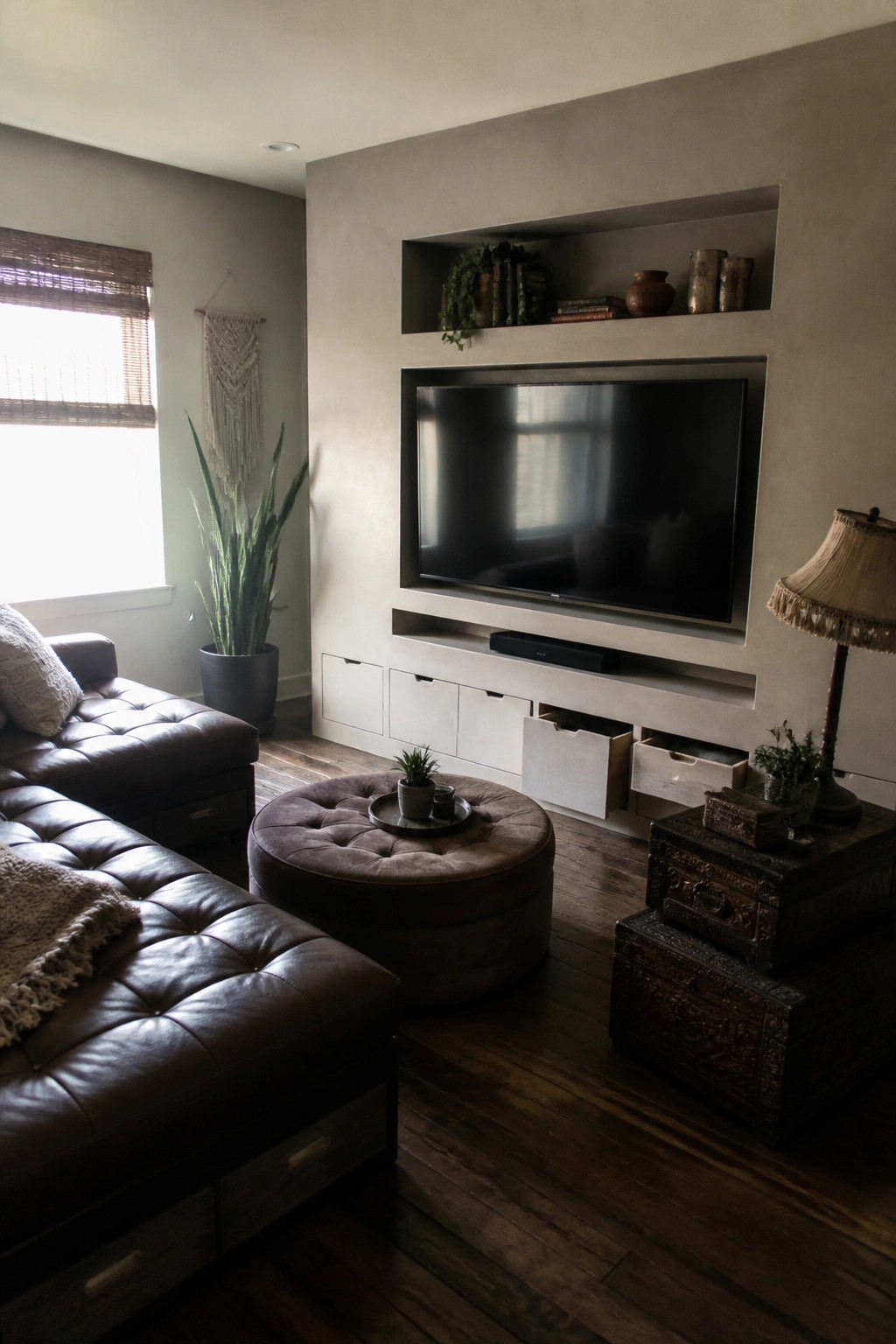 A living room featuring dark leather seating, a round tufted ottoman, and a television set into a built-in wall unit with multiple storage drawers and open shelves.