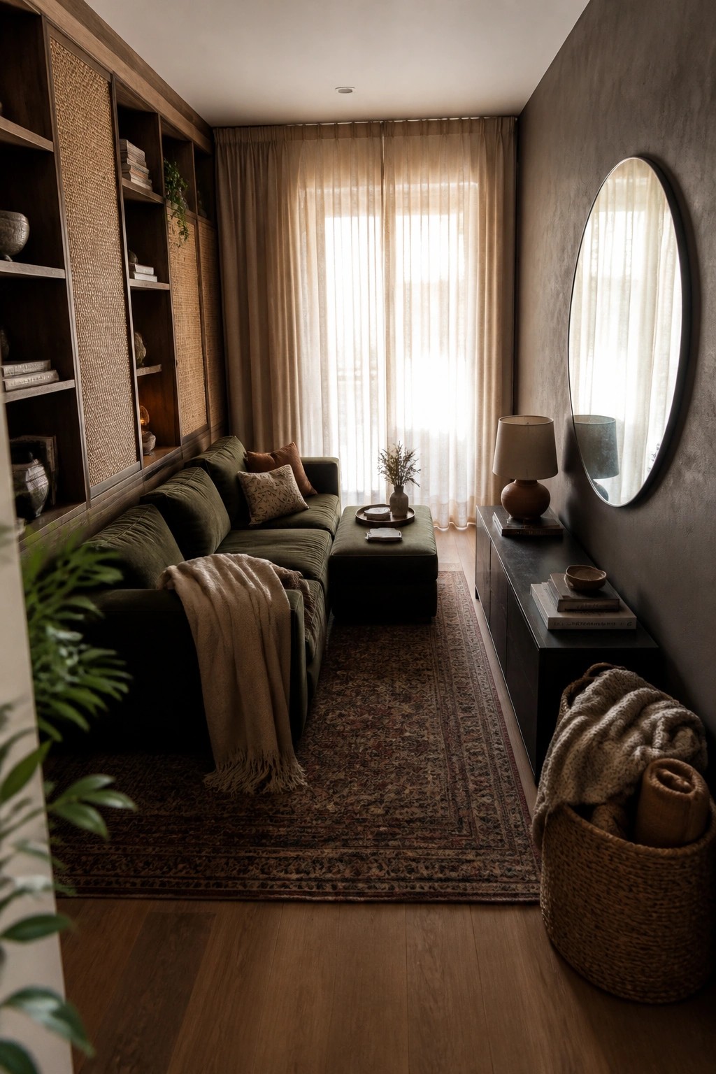 A narrow living room featuring a dark green sectional sofa against built-in wooden shelving with woven panels, a large patterned rug, and a round mirror above a dark console.