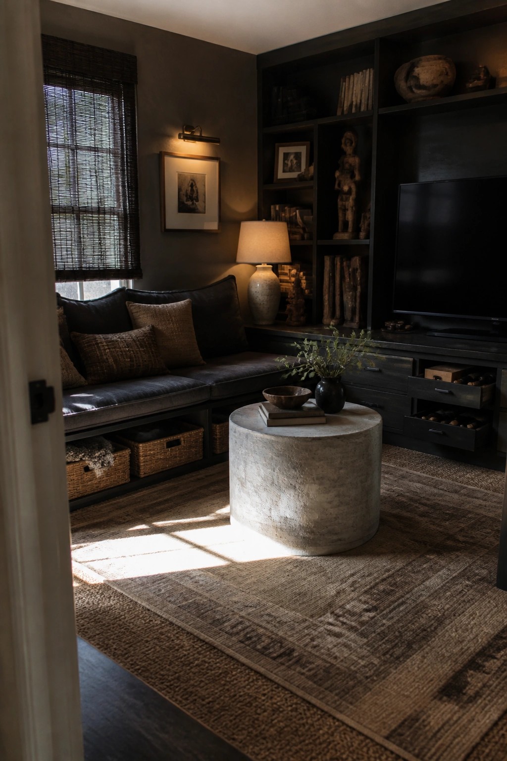 A dark living room with built-in black shelving, a window seat with dark cushions, baskets stored underneath, and a round concrete coffee table on a patterned rug.