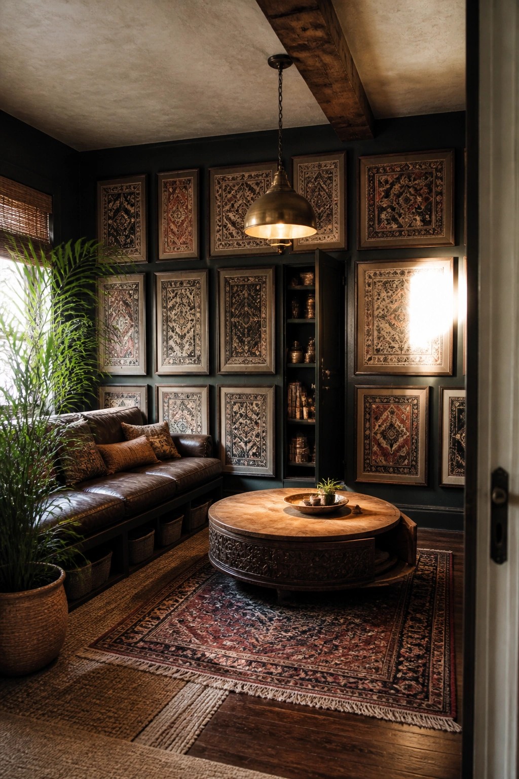 A dark living room with a brown leather sofa, round wooden coffee table on a patterned rug, and framed textiles covering the walls, including an open built-in cabinet with shelves.