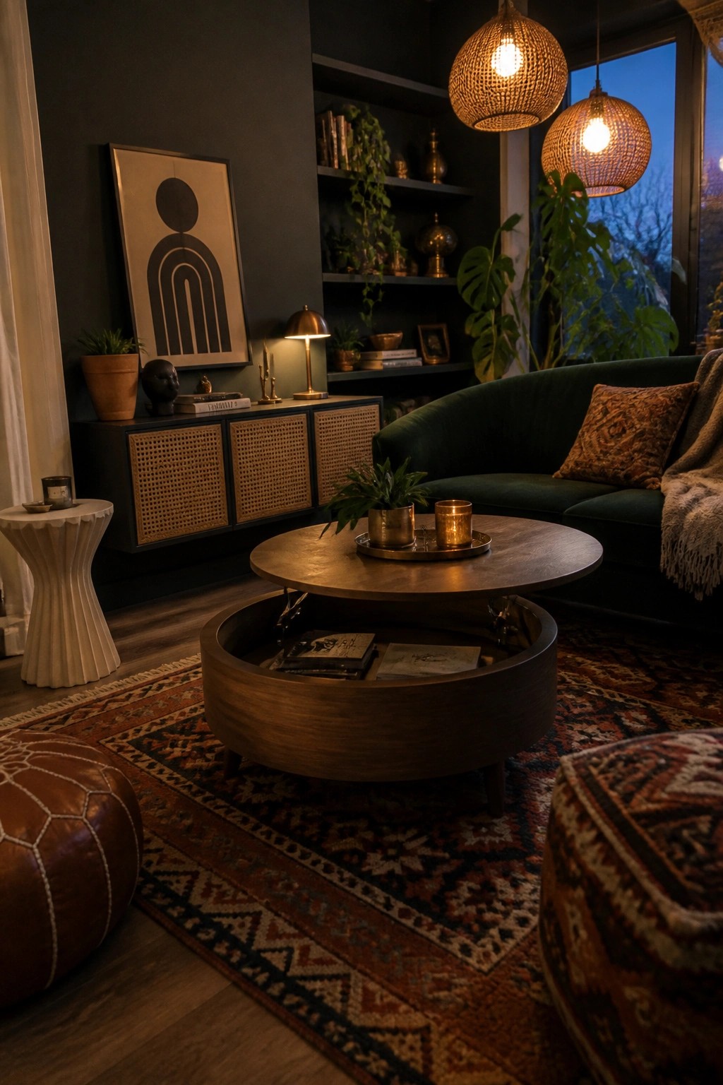 A dark boho living room with a round wooden coffee table that has a lift-up top revealing stored books inside, next to a green curved sofa and patterned rug.