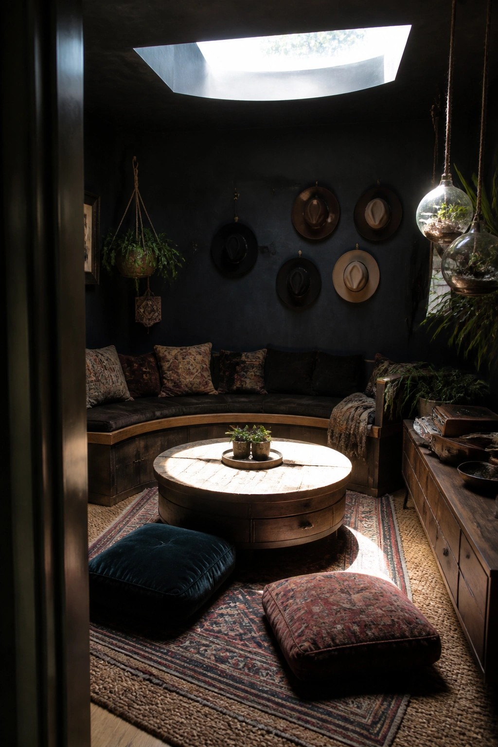 A dark painted room with curved built-in seating, a round wooden coffee table on patterned rugs, hats on the wall, and a skylight overhead.