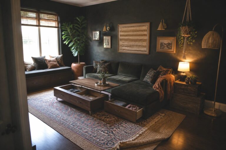 23 Practical Dark Boho Living Room Ideas Built Around Hidden Storage A dark boho living room with a green sectional sofa, wooden coffee table with open drawers, patterned rug, and large window with a cushioned seat.