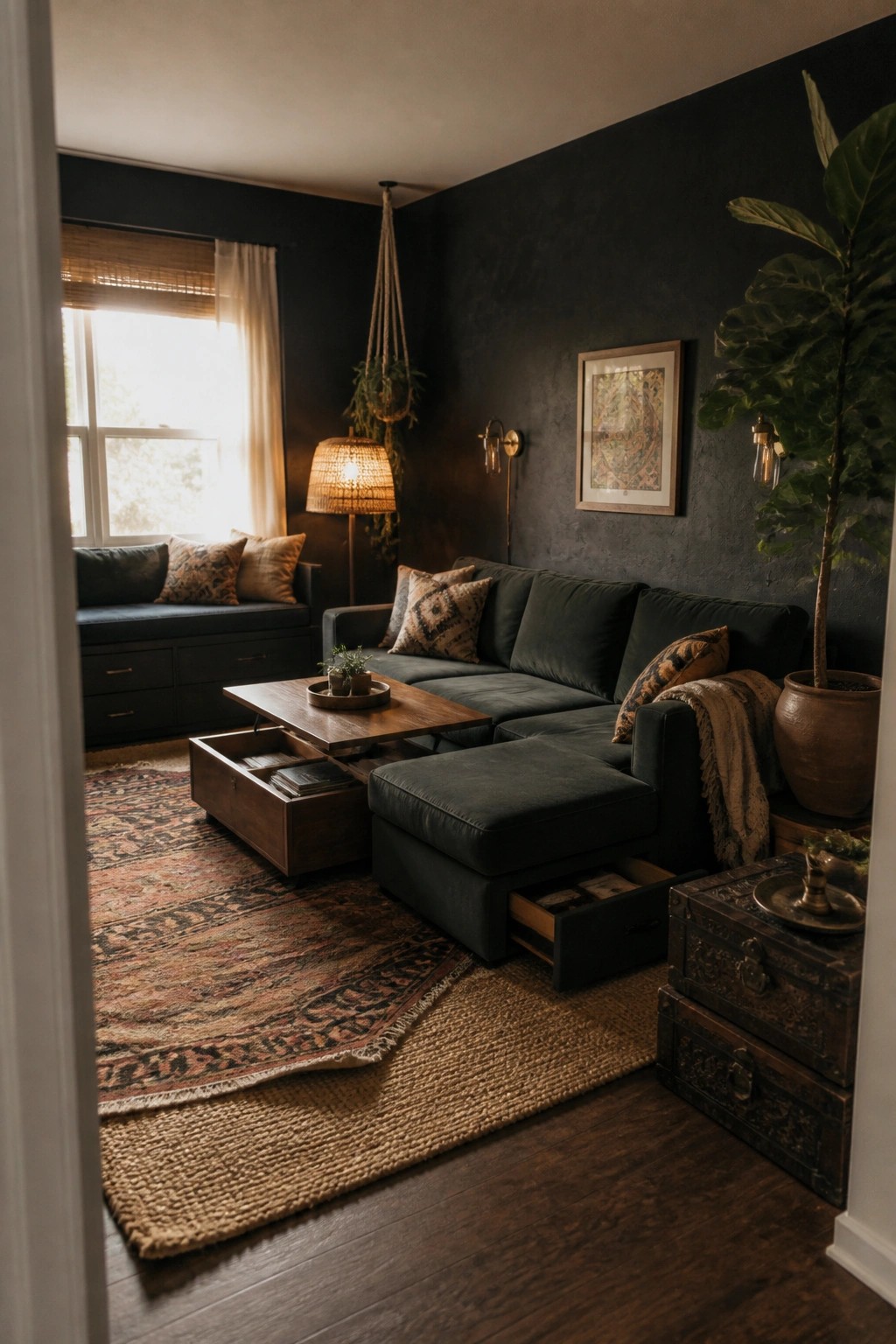 A dark boho living room with a green sectional sofa, wooden coffee table with open drawers, patterned rug, and large window with a cushioned seat.