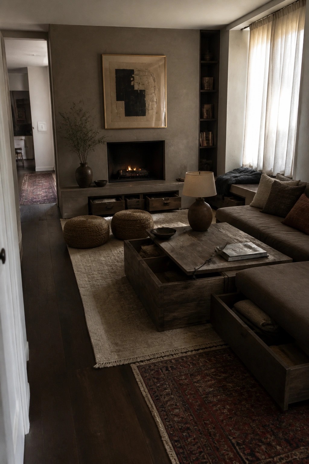 A living room with a wooden coffee table that has open drawers, a brown sofa with storage compartments, a fireplace, woven poufs, and layered rugs on dark wood flooring.
