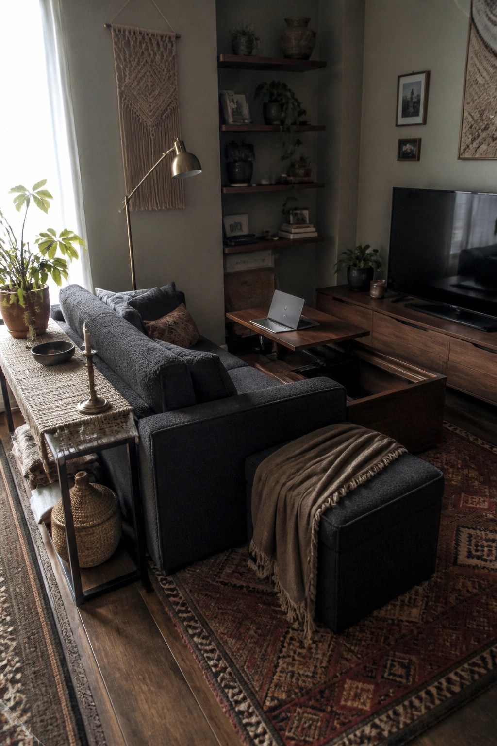 Cozy living room with dark sectional sofa, wooden shelves, TV, laptop, and patterned rug.