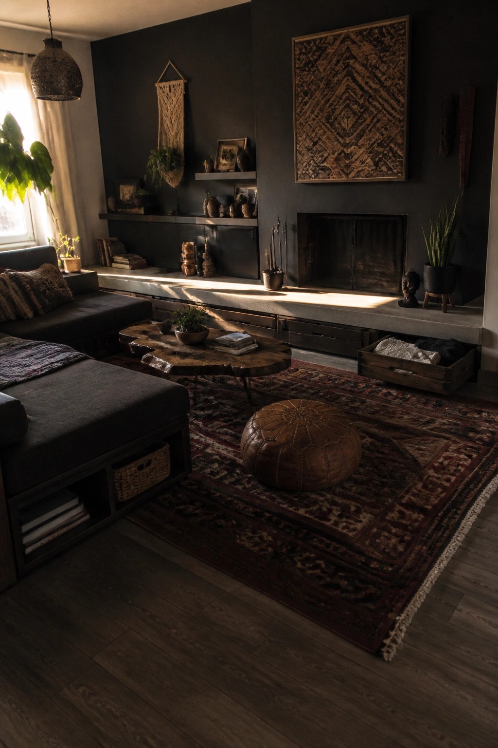 A dark boho living room with a gray sectional sofa, wooden coffee table, brown leather pouf on a patterned rug, built-in dark cabinets under a concrete ledge, and a fireplace on a black accent wall.