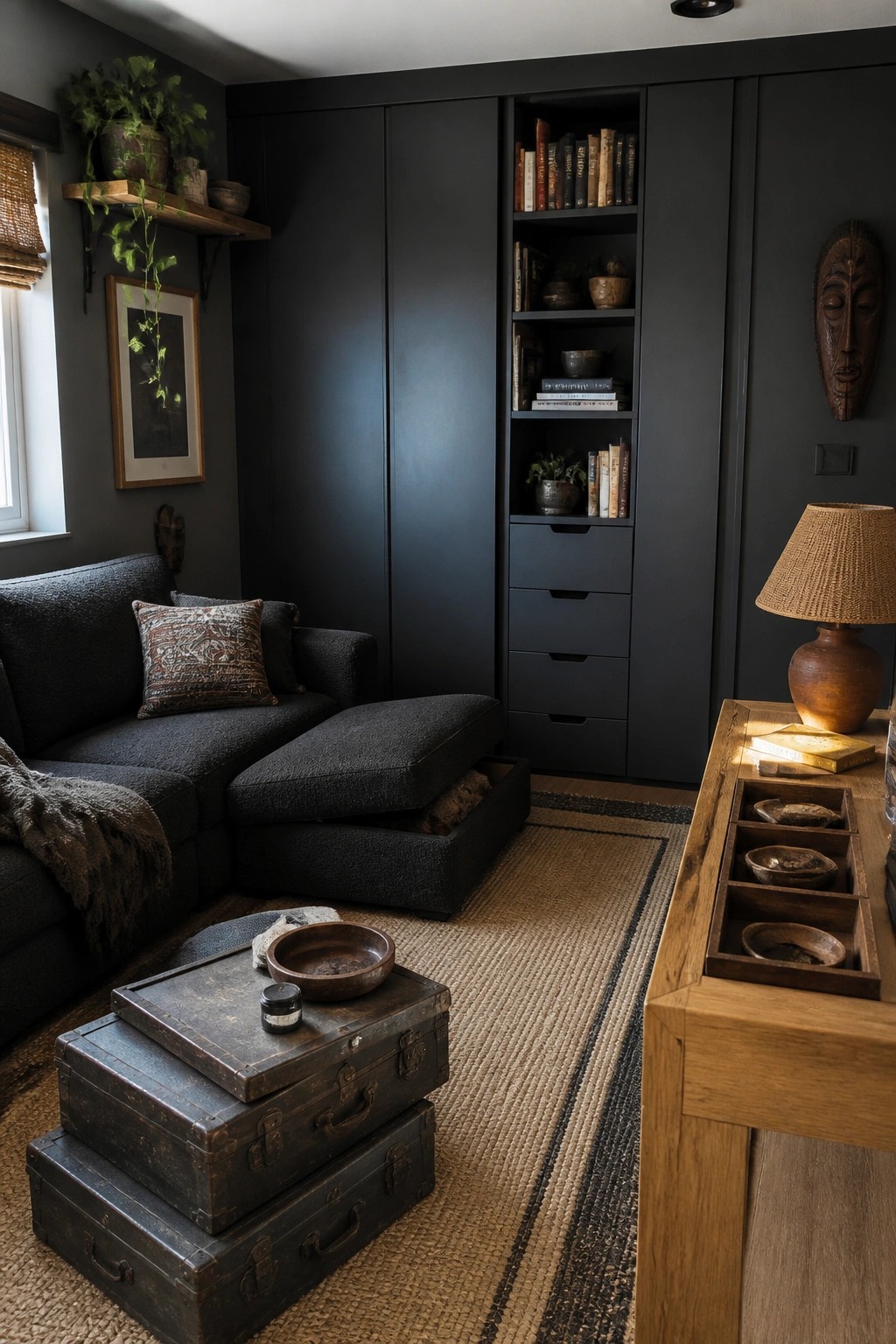 A dark living room with black walls, a sectional sofa featuring a storage ottoman, built-in shelving with books, and stacked vintage trunks on a woven rug.