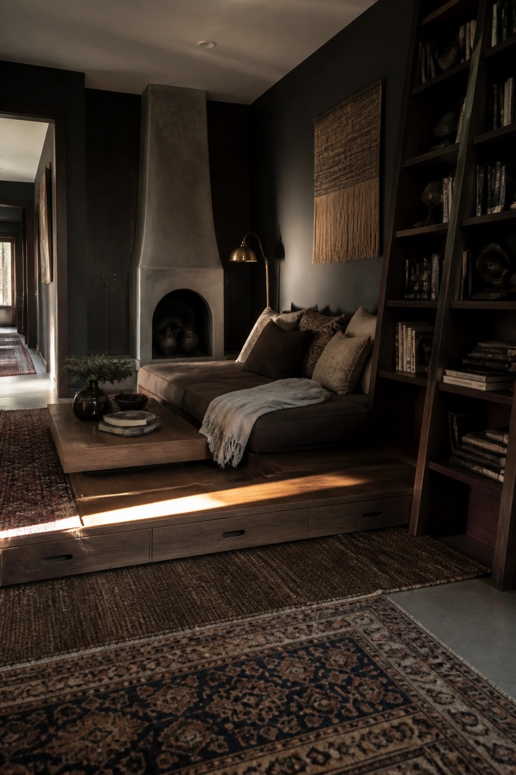 Dark room with concrete fireplace, built-in sofa, tall bookshelf, and sunlit rugs.