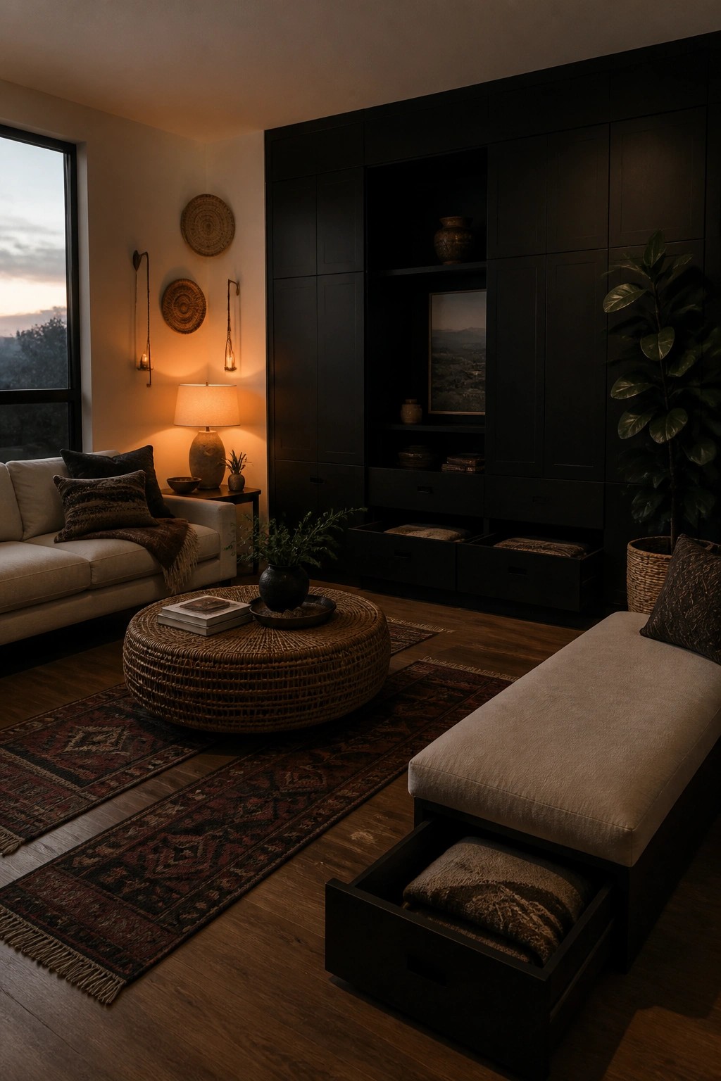 A dark boho living room showing a long upholstered bench with an open storage drawer containing folded textiles, a round woven ottoman, and a tall black built-in cabinet unit with some open shelves and drawers.