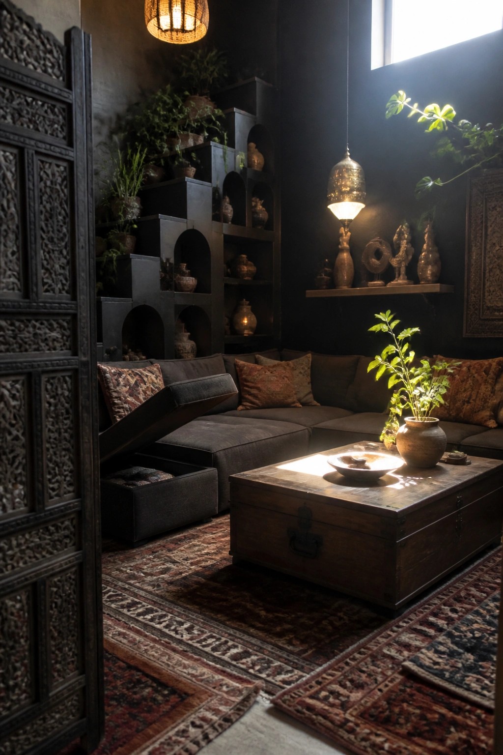 A dark boho living room showing a sectional sofa with open lift-up storage compartments and a wooden trunk coffee table.
