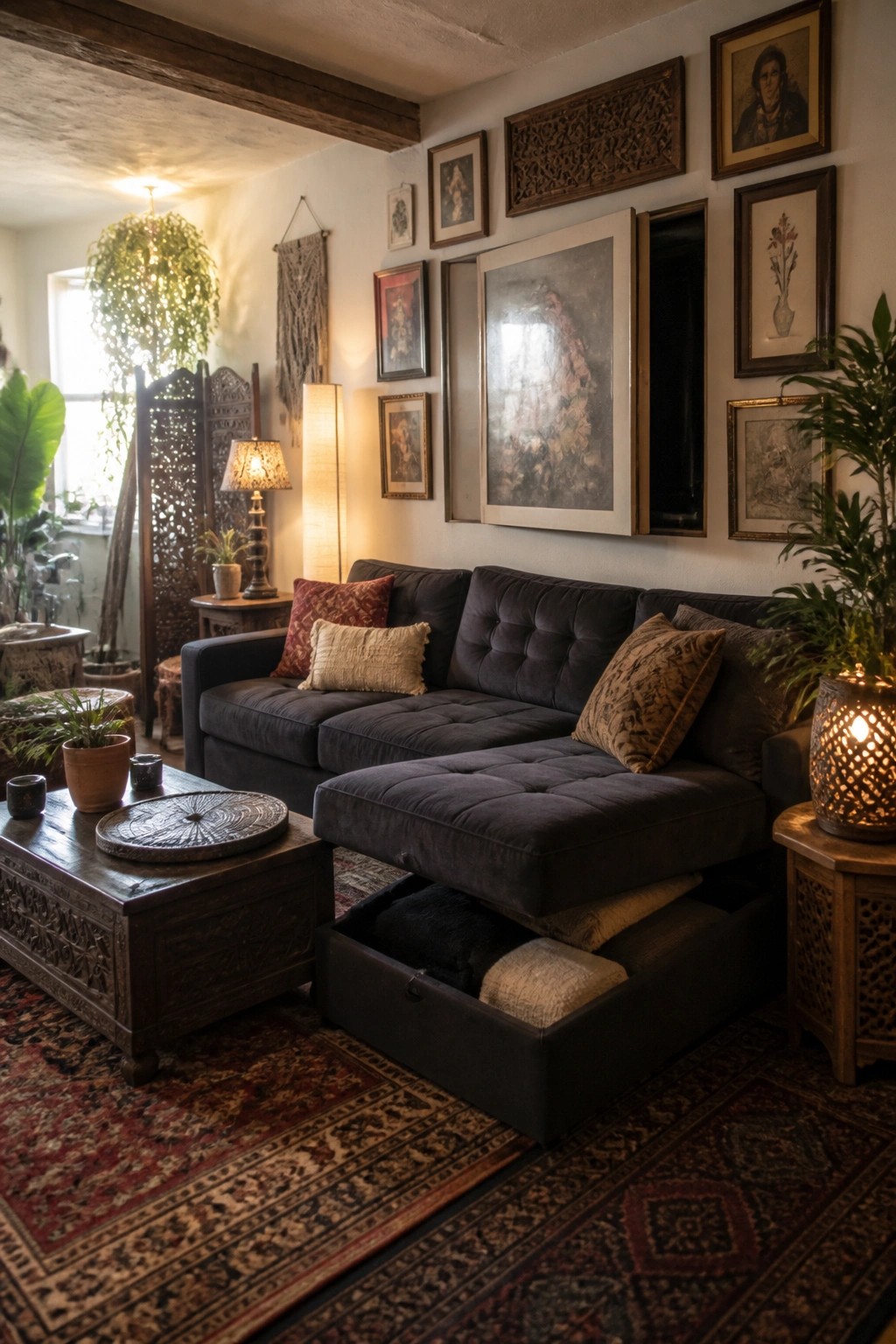 A dark gray sectional sofa in a boho living room with storage drawers open under the chaise section holding pillows and blankets.