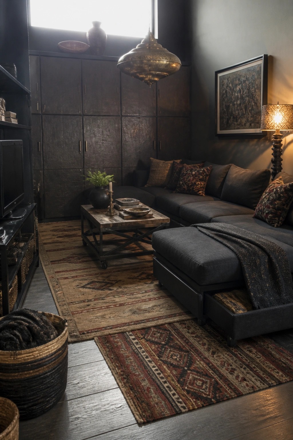 A dark boho living room featuring a large sectional sofa with one storage drawer pulled open, a wooden coffee table on layered rugs, and dark built-in cabinets along the back wall.