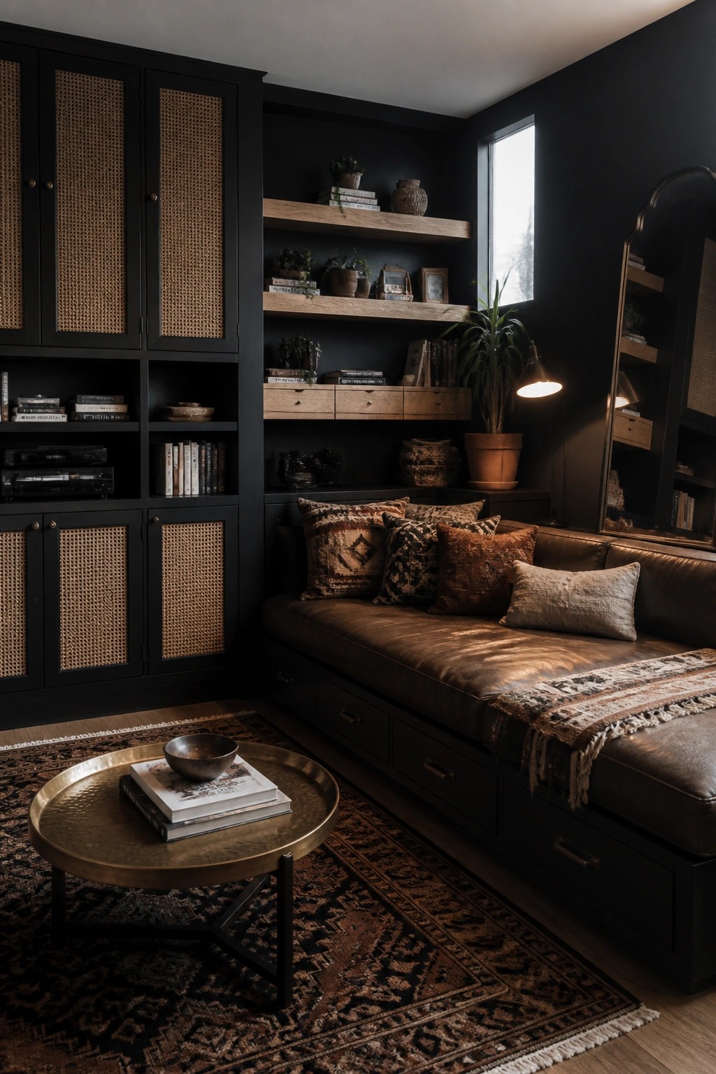 A dark living room featuring a brown leather daybed with multiple storage drawers underneath, black built-in cabinets with cane doors, and wooden floating shelves holding books and plants.