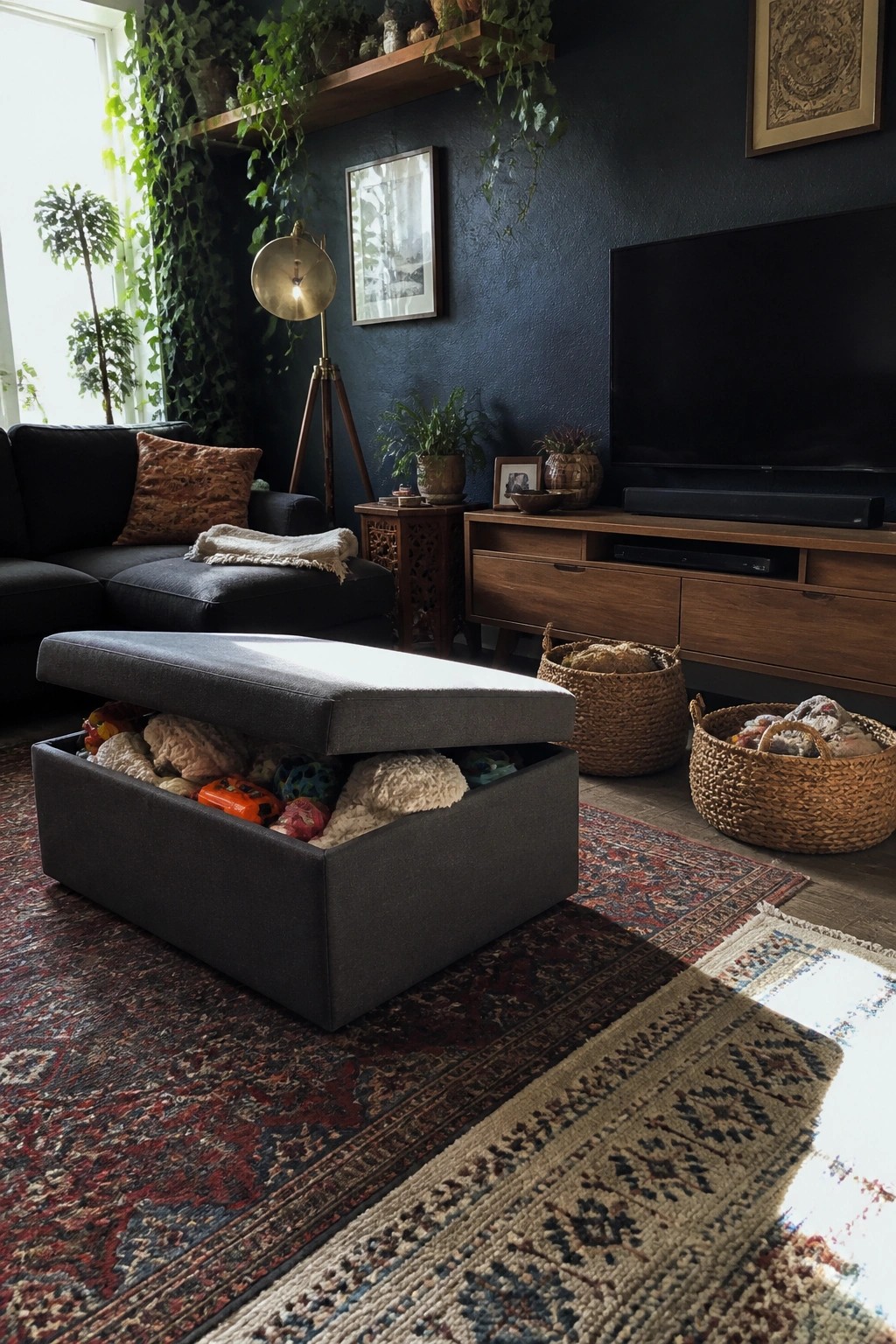 A dark blue living room with an open gray storage ottoman full of toys and blankets on a patterned rug, next to a black sofa and wooden TV console.