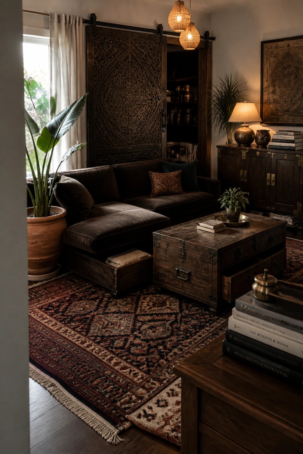 A dark boho living room featuring a wooden trunk coffee table with drawers, a dark sectional sofa with one open storage drawer, a large patterned rug, and a sliding carved door partially open to reveal shelves.