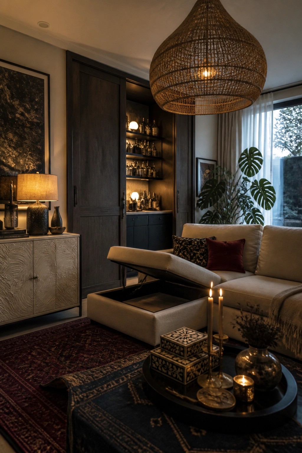 A living room scene showing a beige sectional sofa with one ottoman section lifted open to reveal interior storage, a round tray table with candles in front, and dark wood built-in shelving holding bottles behind it.