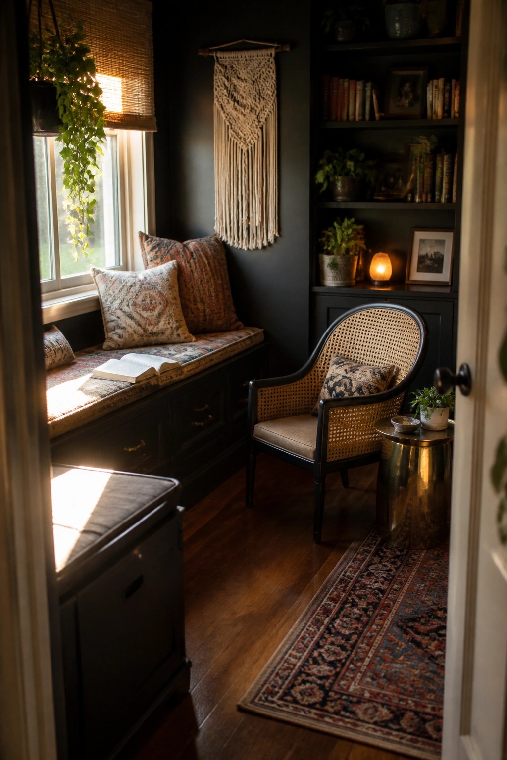 A dark painted room corner shows a cushioned window seat with drawers below, patterned pillows, an open book, a cane-back chair, and built-in bookshelves.
