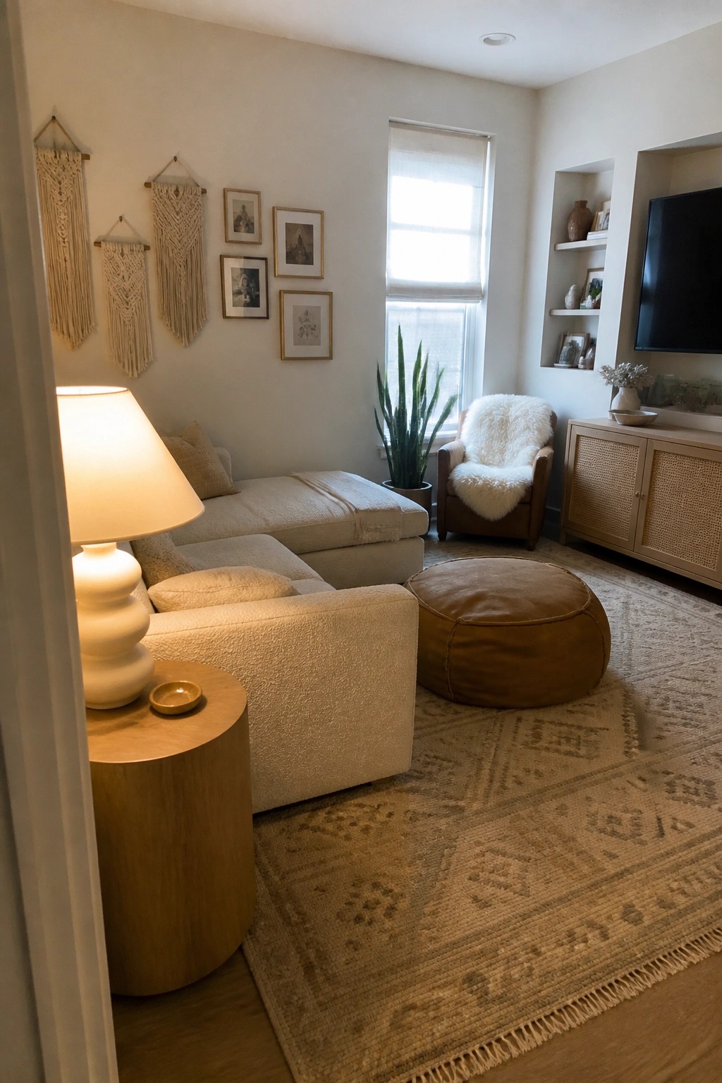 Cozy neutral living room with beige sectional, leather pouf, macrame art, and wooden accents.