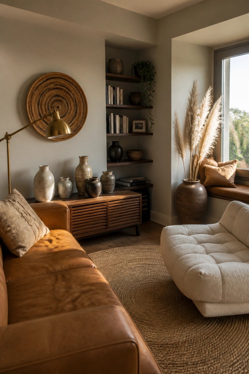 Cozy living room with brown leather sofa, white ottoman, wooden console, and woven rug.