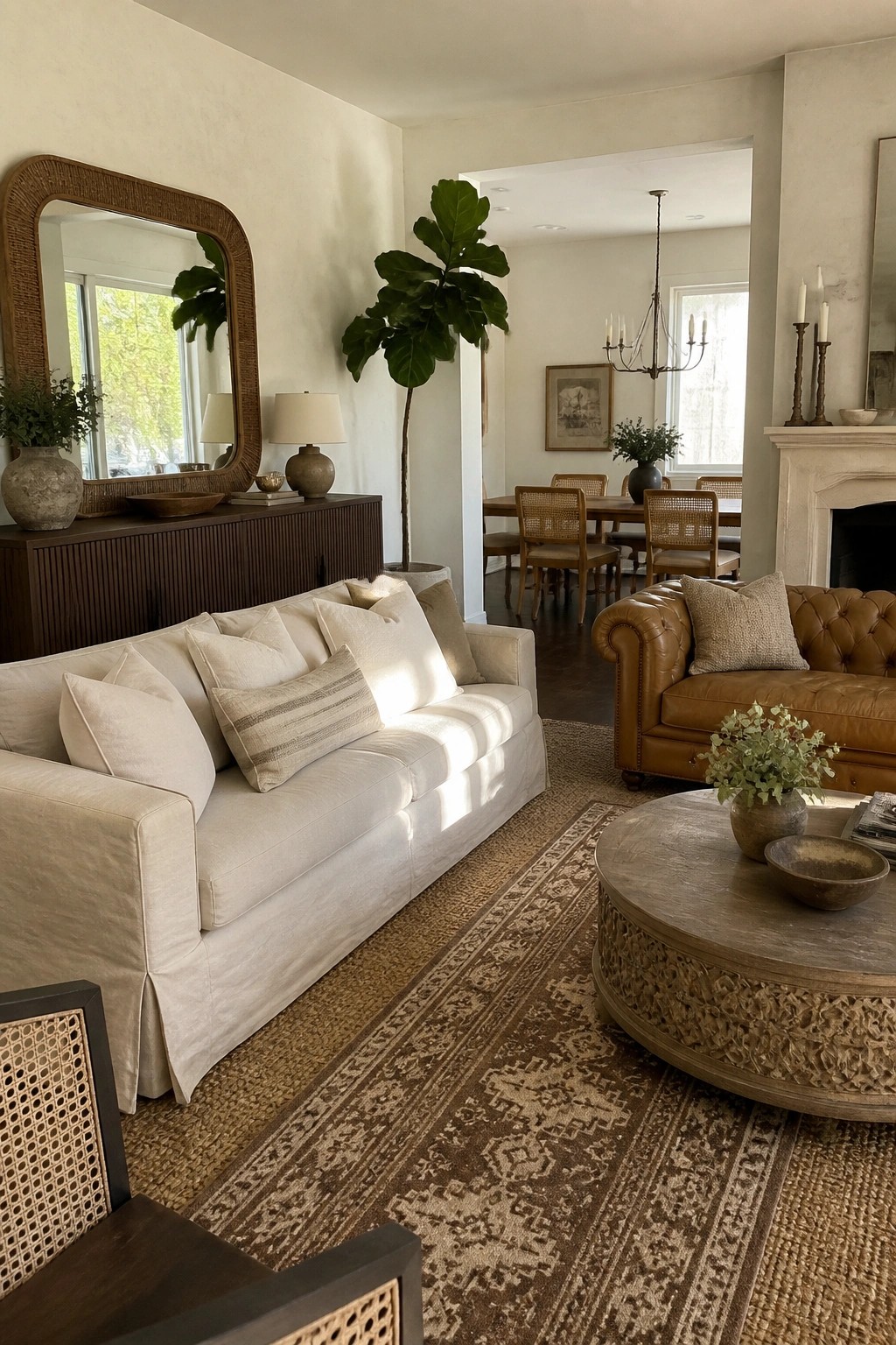 Sunlit living room with cream sofa, brown leather couch, carved coffee table, and large mirror