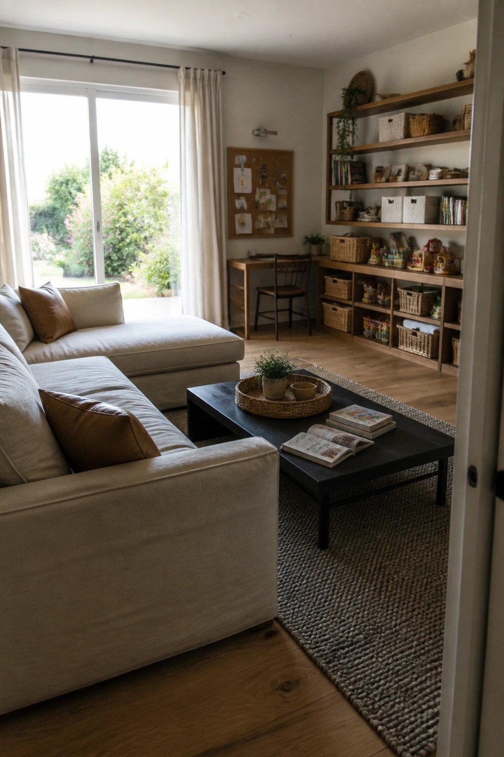 A living room with a cream sectional sofa, black coffee table on a large woven rug, and wooden built-in shelves holding baskets, books, and toys.