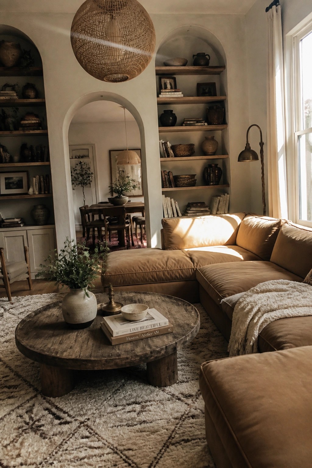 A neutral living room with a camel sectional sofa, round wooden coffee table, and built-in arched shelving units filled with books and decor.
