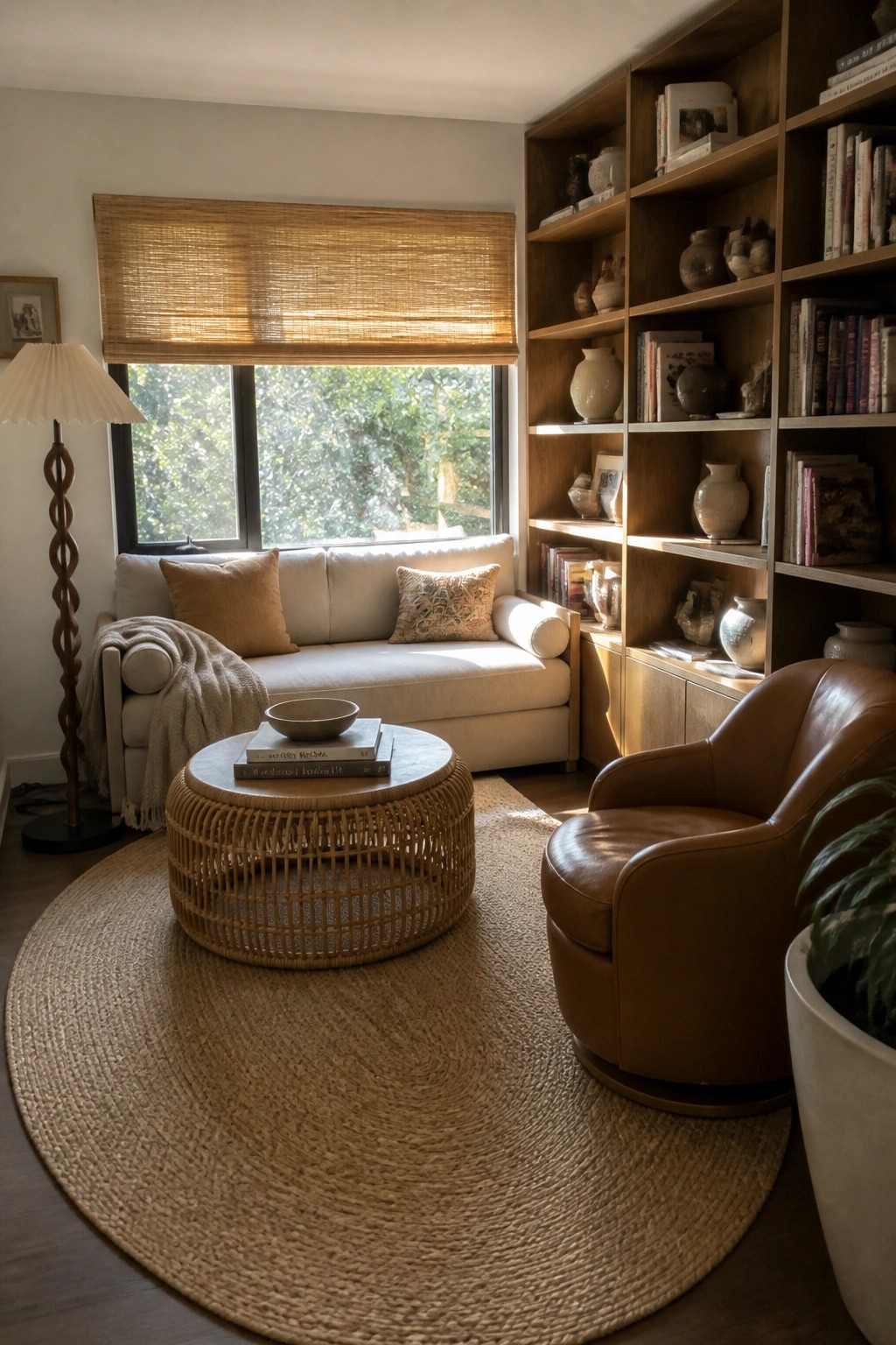 Living room with a cream sofa under a window with woven shade, round jute rug, rattan coffee table, brown leather swivel chair, and tall wooden built-in bookshelves filled with books and pottery.