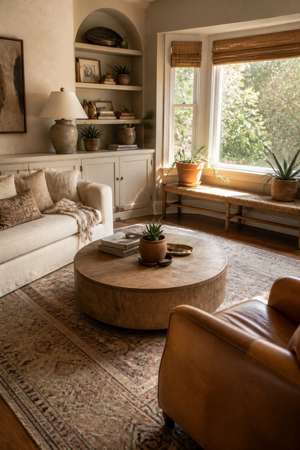 A living room with a cream sofa, round wood coffee table on a patterned rug, brown leather chair, white built-in cabinetry with open shelves, and large windows with woven shades.