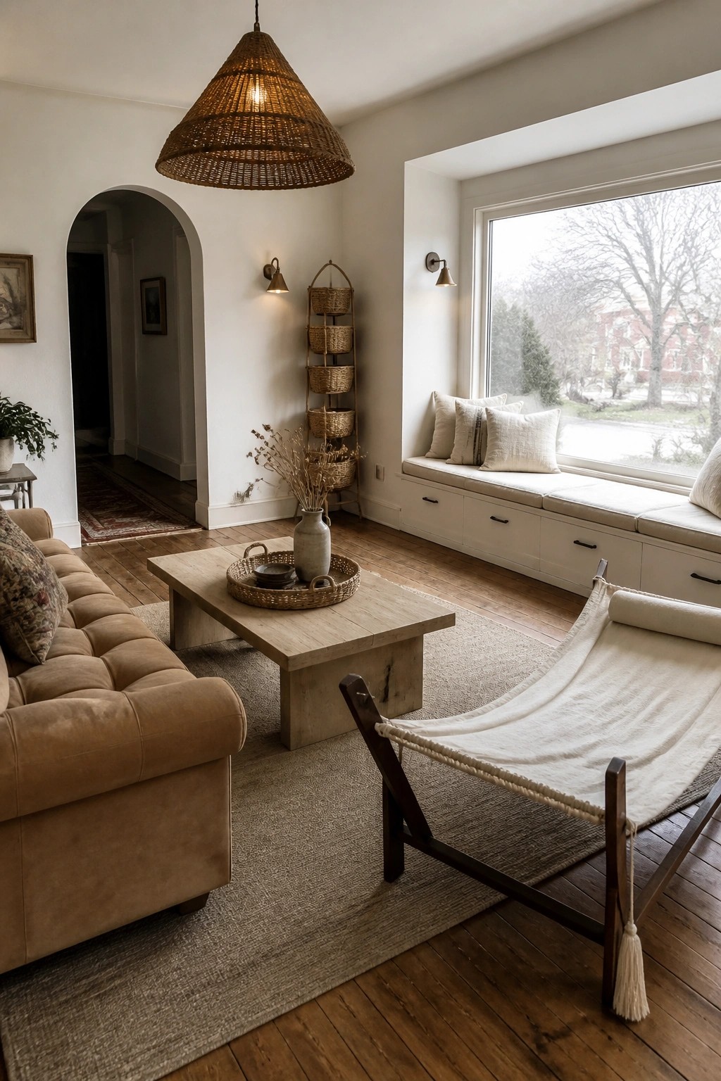 Living room interior showing a brown sofa, wooden coffee table, woven pendant light, and a long white built-in window seat with storage drawers and neutral pillows.
