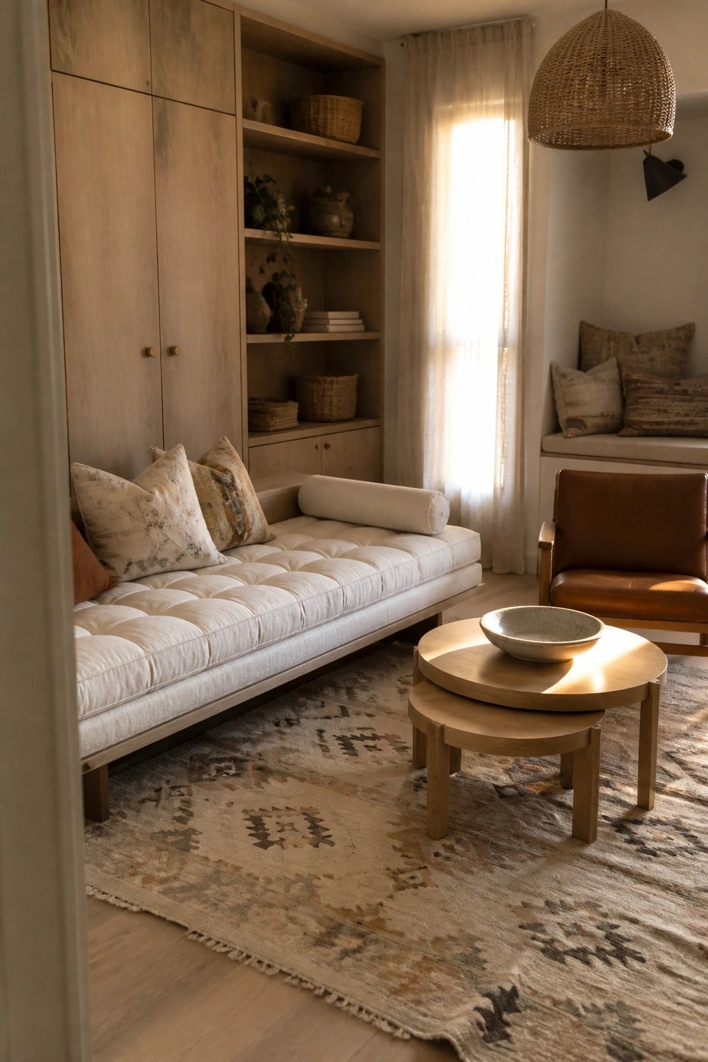 A living room shows a white tufted daybed placed in front of a tall wooden built-in cabinet and open shelving unit, with a patterned rug and round wooden nesting tables visible.
