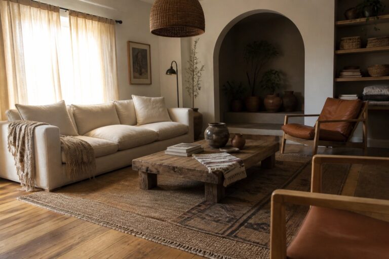 23 Soft Neutral Modern Boho Living Room Ideas in Cream and Camel A living room featuring a white sofa, brown leather chair, wooden coffee table, layered rugs, and a large woven pendant light hanging from the ceiling.