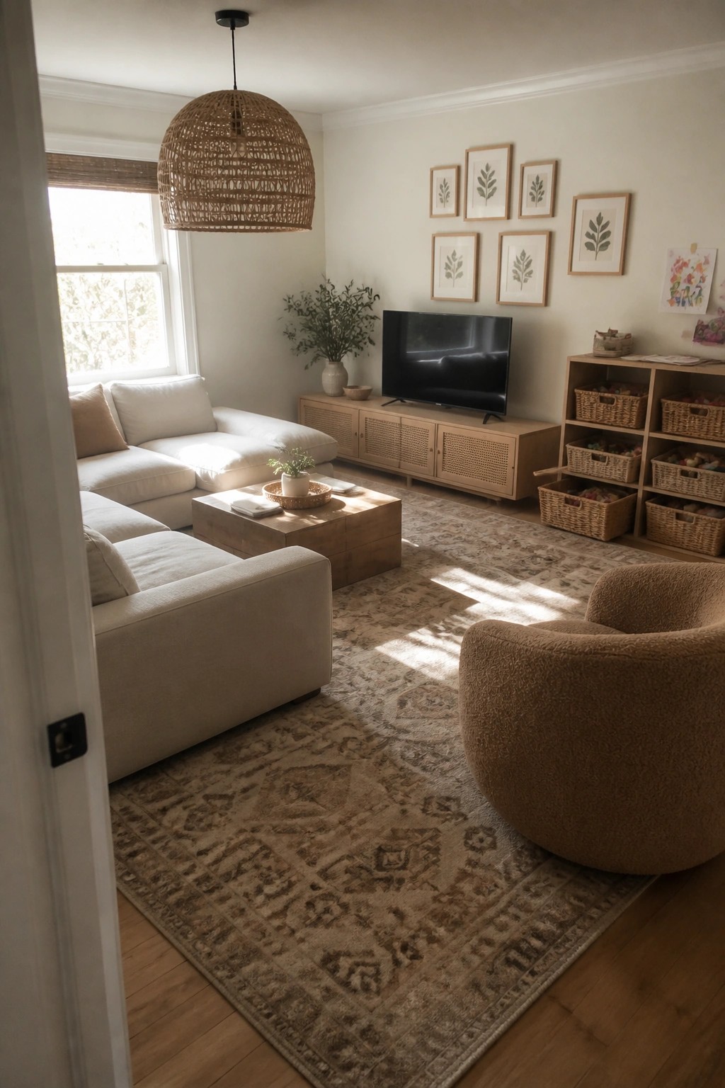A living room with a large patterned beige rug, a light-colored sectional sofa, a wooden coffee table, a round brown boucle chair, and a television on a low media console.
