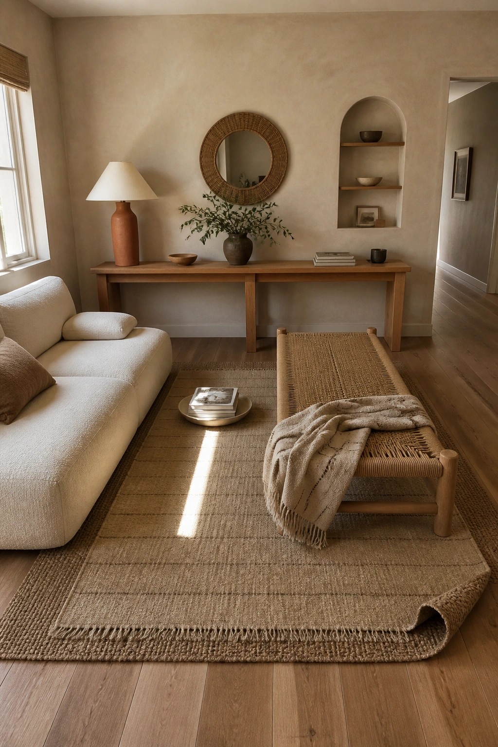 A living room with a cream sofa, wooden console table, woven bench on a large jute rug, and neutral wall decor including a round mirror.