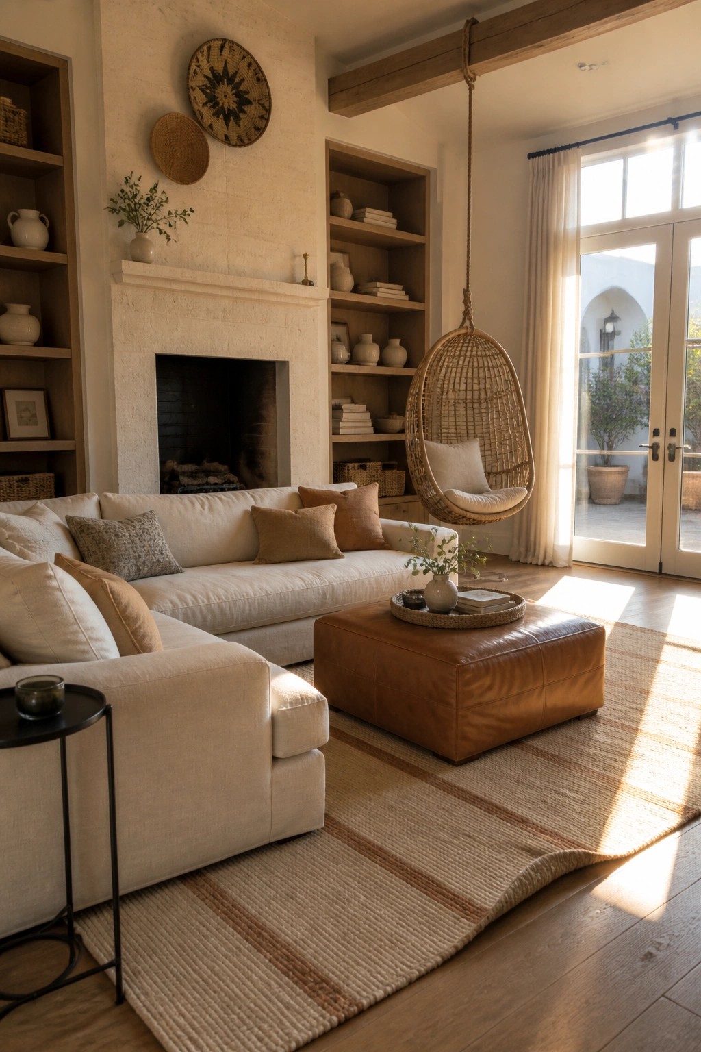 A living room featuring a cream sectional sofa, brown leather ottoman, hanging woven chair, fireplace with built-in shelves, and large windows with natural light.